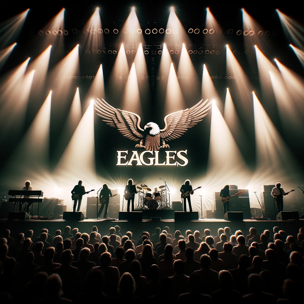 DALL·E 2023 10 17 10.16.20 Imagen fotorrealista de un escenario de concierto iluminado con el logo de Eagles en el fondo y siluetas de musicos tocando